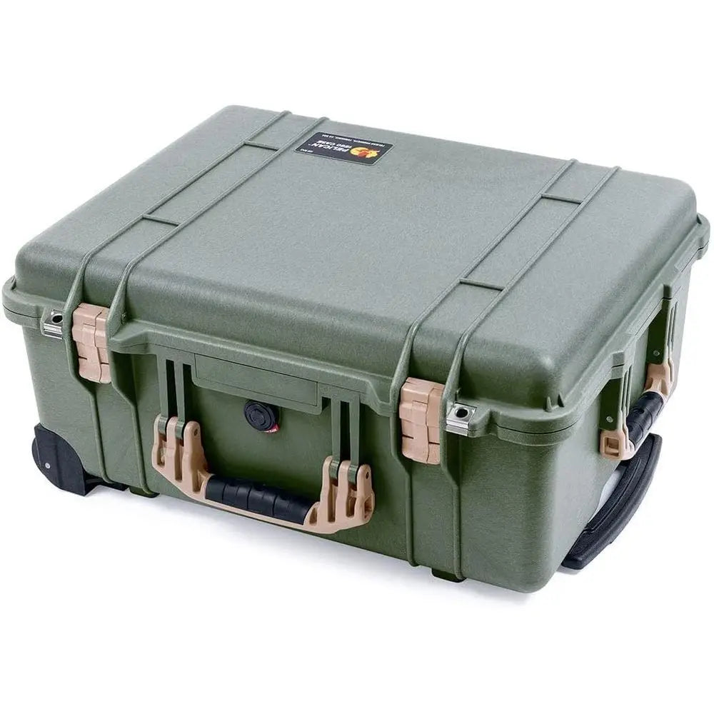 OD Green 1560 Pelican Case with Tan Handles, Empty, Wheels Included
