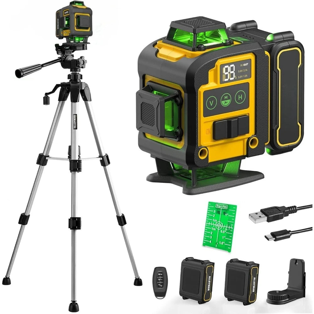 4D 360° Self-Leveling Green Laser Level with Tripod & Batteries