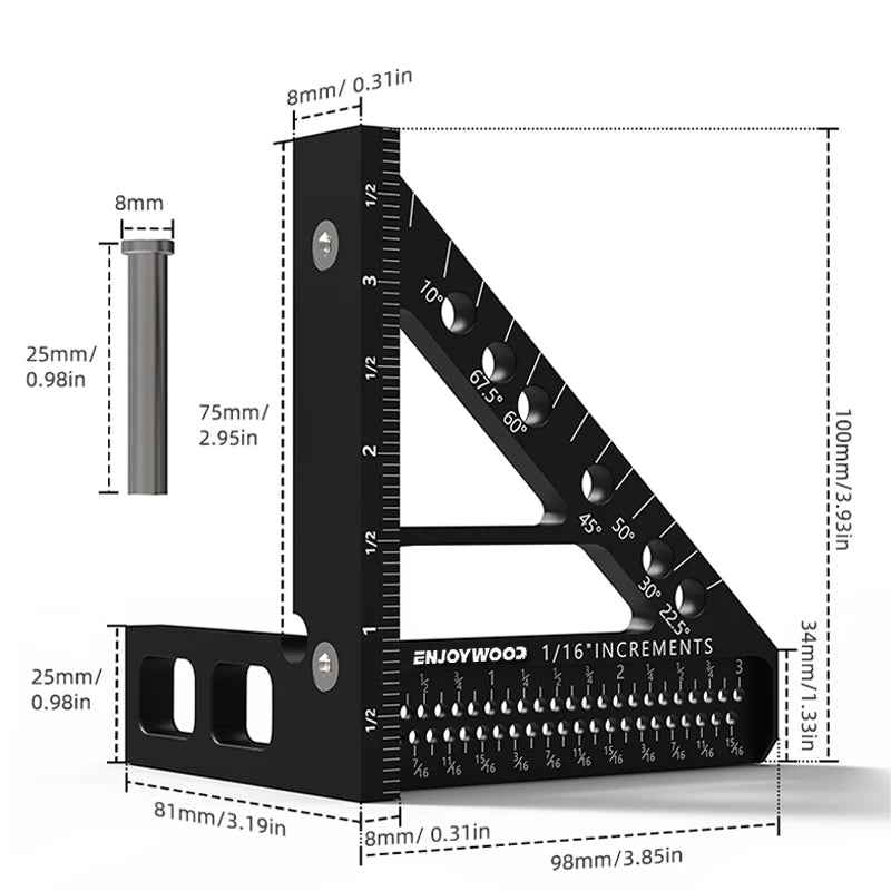 3D Multi-Angle Measuring Ruler Aluminum Alloy Square Protractor Hole Positioning Inch/MM Imperial Metric Durable Ruler