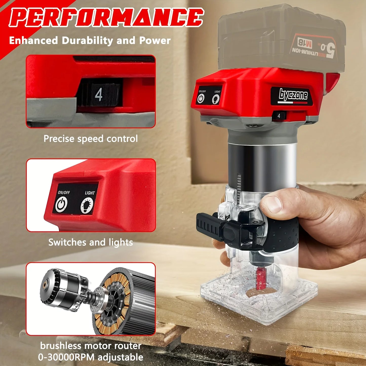 800W Cordless Wood Router Compatible With Milwaukee 18V Battery, 30000 RPM Brushless Motor Router Attach 12 PCS 1/4" Router Bits