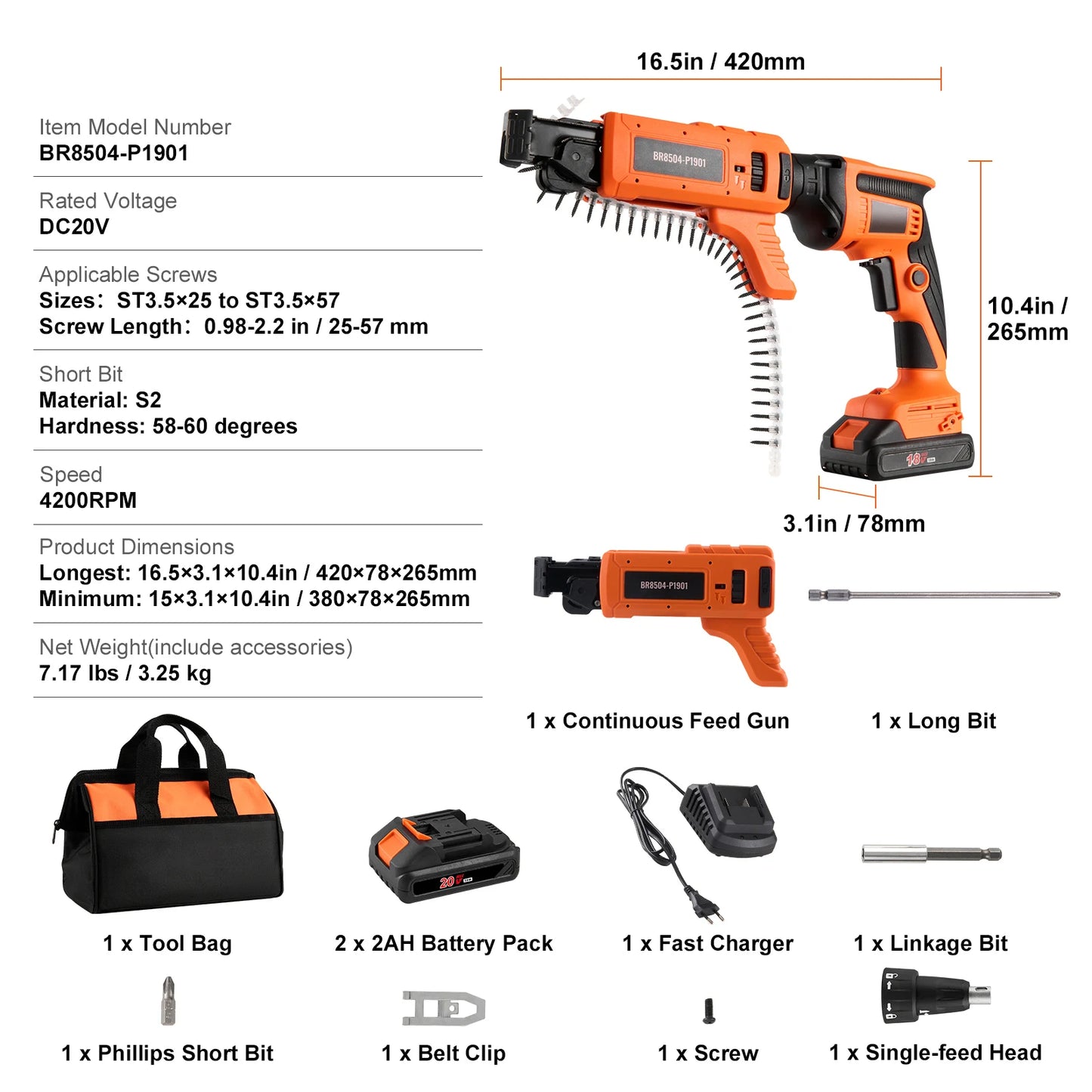 SucceBuy Drywall Screw Gun 20V Max Drywall Screwgun 4200RPM Brushles Cordless Drywall Kit Reverse Adjustable Built-in LED Light
