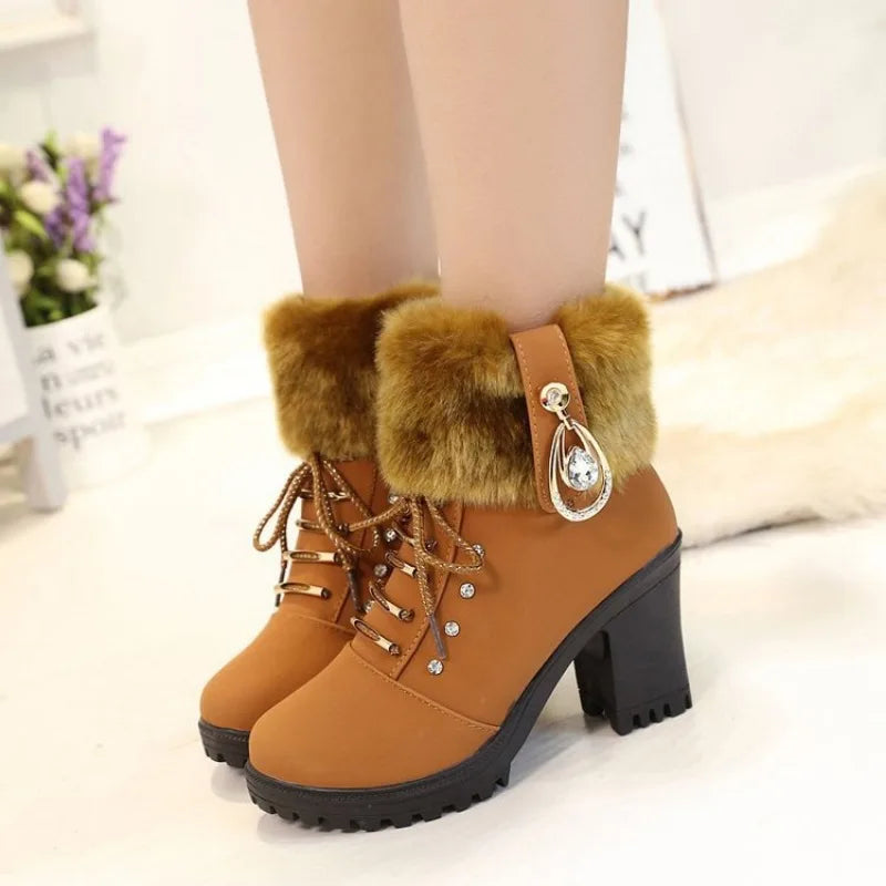 Casual Autumn Women's Ankle Boots Female High Heels Shoes Flock Fashion Zipper Chunky Heels Short Botas Elegant Ladies Footwear