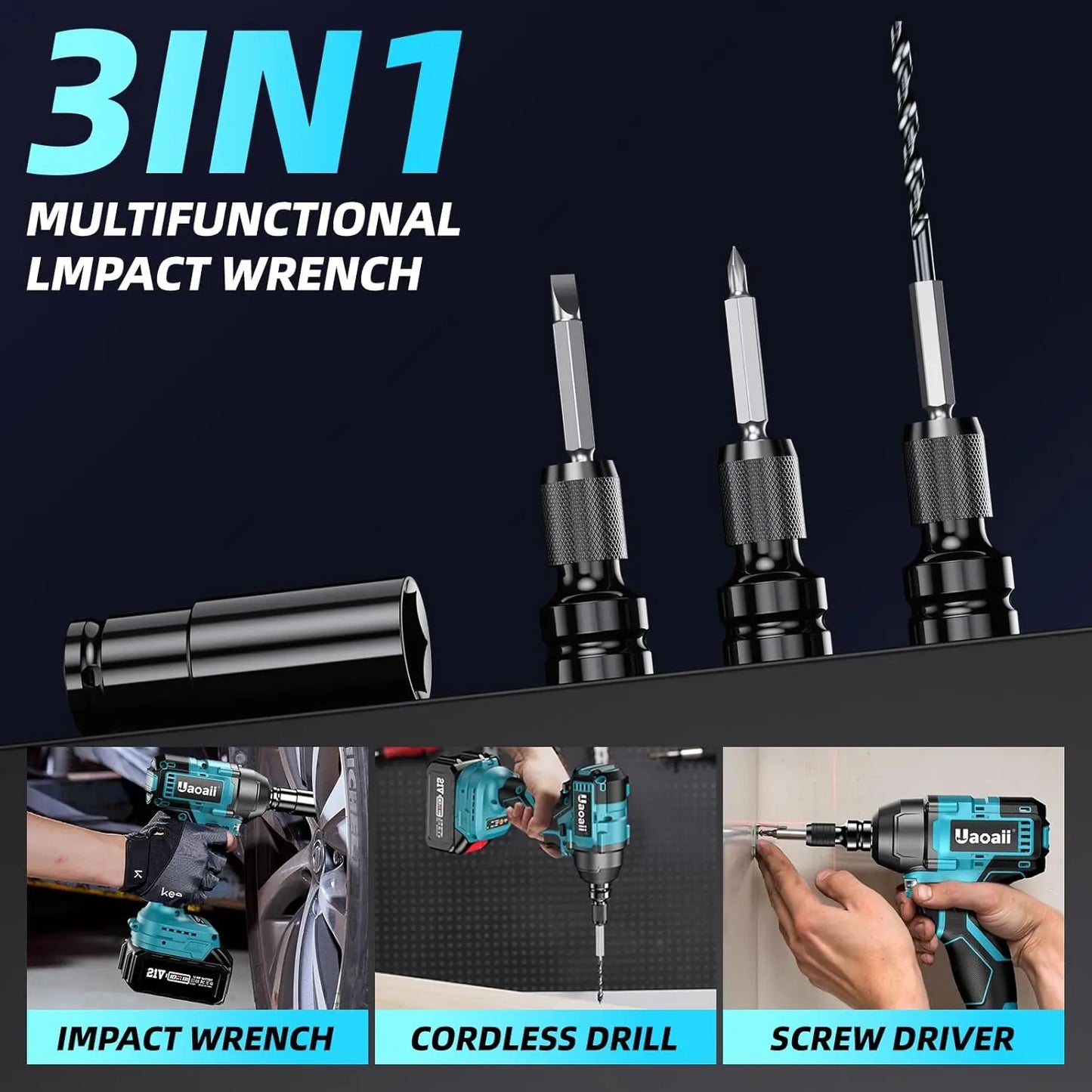 Compact Cordless Impact Wrench, 3 in1 Multifunctional, 265Ft-lbs (350N.m) 1/2 Battery Impact Gun, W/2x 4.0Ah Batteries,IW400