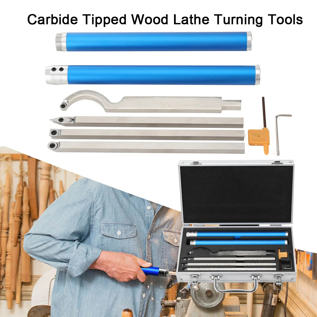 Woodturning Tool Set Carbide Inserts Cutter 6 in 1 Wood Turning Tools Swan Neck Aluminum Handle for Woodworking Lathe