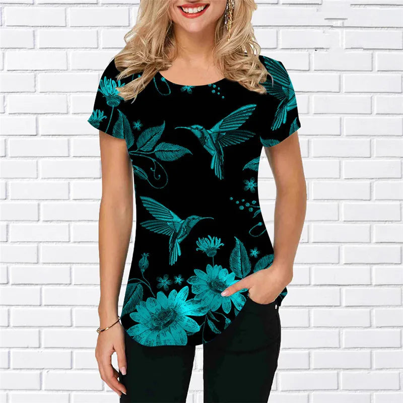 Women birdie Print Shirts Summer Short Sleeve