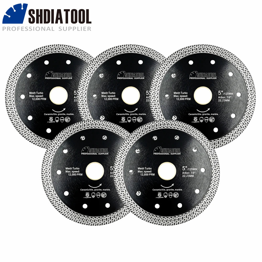 SHDIATOOL 5Pcs 5inch Diamond Mesh Turbo Cutting Disc 125mm Porcelain Marble Stone Saw Blade Circular Ceramic Tile Cutter Plate