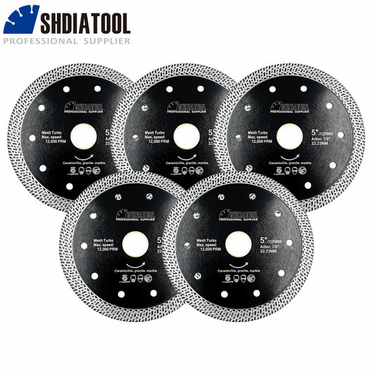 SHDIATOOL 5Pcs 5inch Diamond Mesh Turbo Cutting Disc 125mm Porcelain Marble Stone Saw Blade Circular Ceramic Tile Cutter Plate