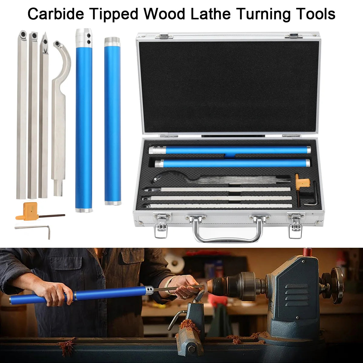 Woodturning Tool Set Carbide Inserts Cutter 6 in 1 Wood Turning Tools Swan Neck Aluminum Handle for Woodworking Lathe