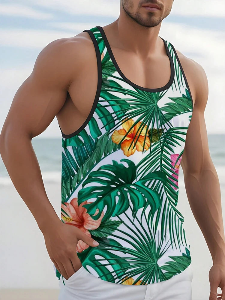 2024 New Summer Casual Men's Sleeveless T-shirt Hawaiian Style Men's Fashion Crew Neck Tank Top Outdoor Beach Men's Tank Top