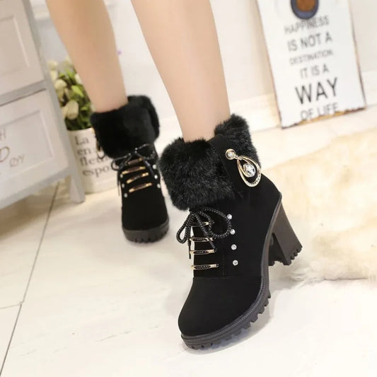 Casual Autumn Women's Ankle Boots Female High Heels Shoes Flock Fashion Zipper Chunky Heels Short Botas Elegant Ladies Footwear