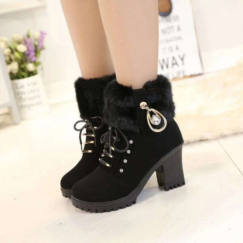 Casual Autumn Women's Ankle Boots Female High Heels Shoes Flock Fashion Zipper Chunky Heels Short Botas Elegant Ladies Footwear