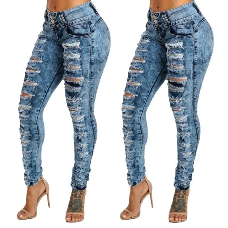 Jeans Ankle Length Women Pencil Denim Hole Pants Ripped Pockets High Waist Jean Skinny Streetwear Button Washed Distressed