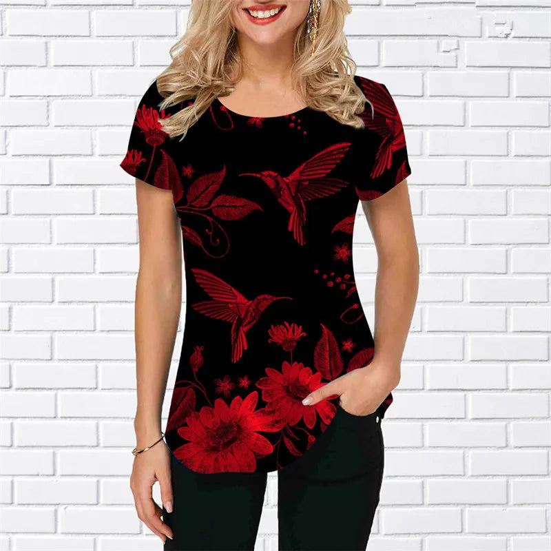 Women birdie Print Shirts Summer Short Sleeve