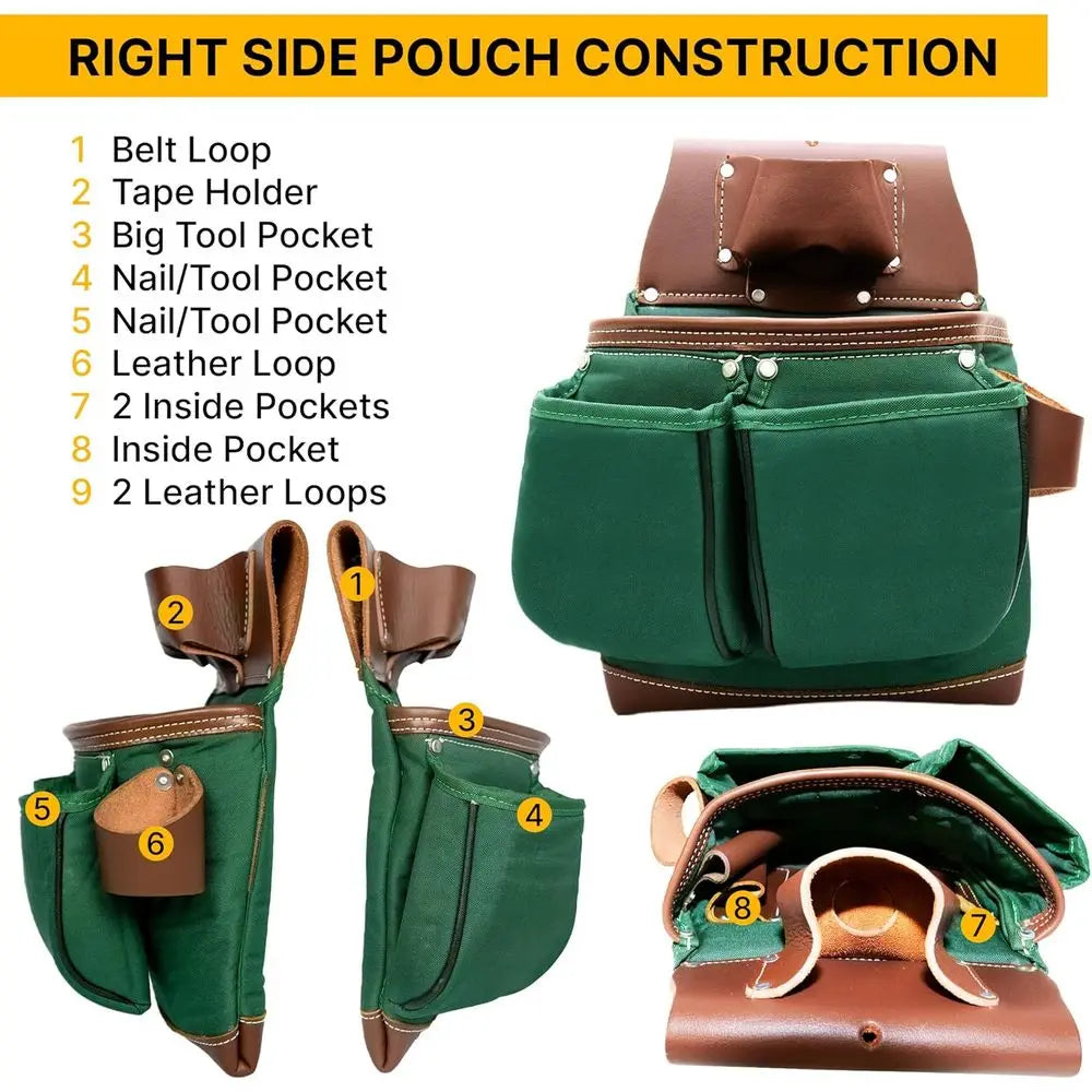 Men's Heavy-Duty Leather & Nylon Tool Belts, Carpenter & Electrician's Leather Belts, Framers Bags, Utility Pouch Kits - Green