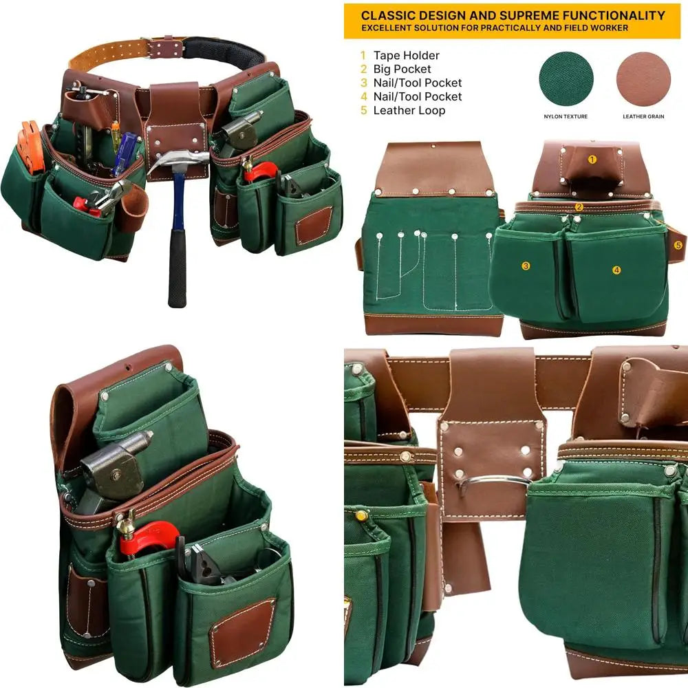 Men's Heavy-Duty Leather & Nylon Tool Belts, Carpenter & Electrician's Leather Belts, Framers Bags, Utility Pouch Kits - Green