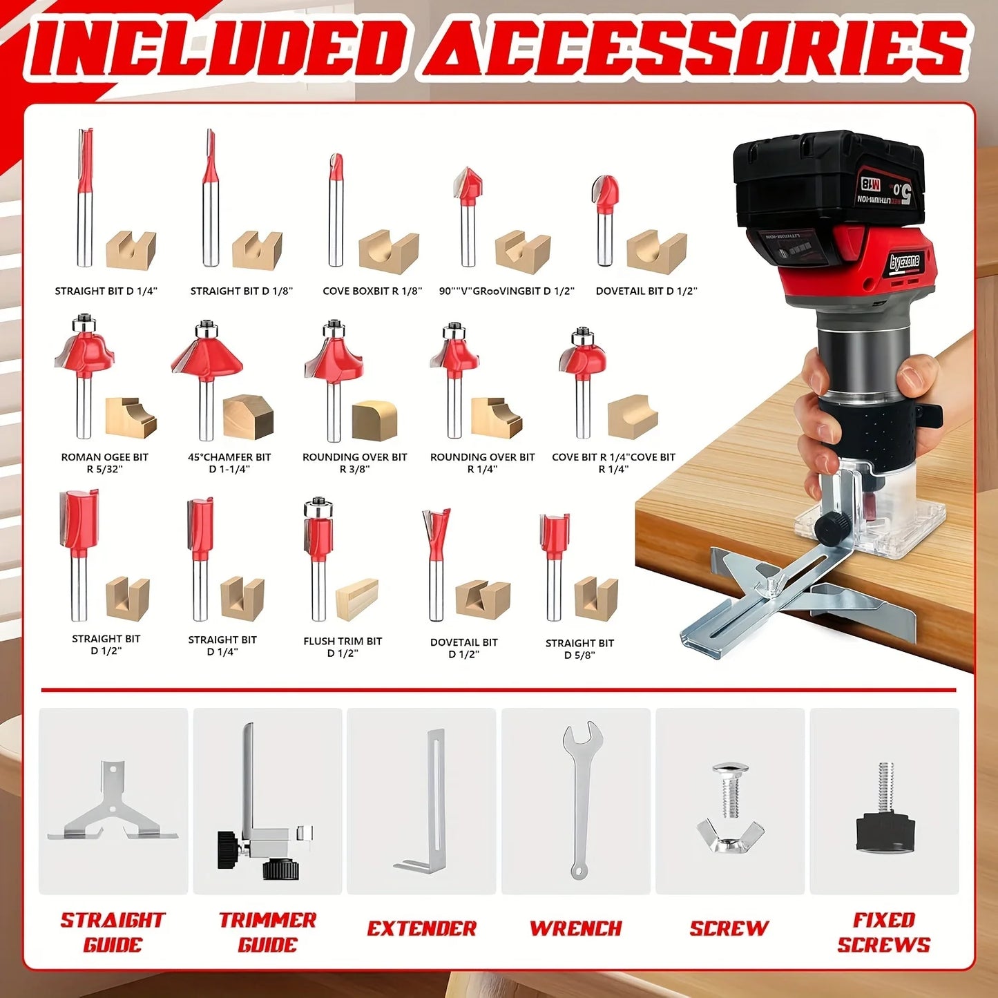 800W Cordless Wood Router Compatible With Milwaukee 18V Battery, 30000 RPM Brushless Motor Router Attach 12 PCS 1/4" Router Bits