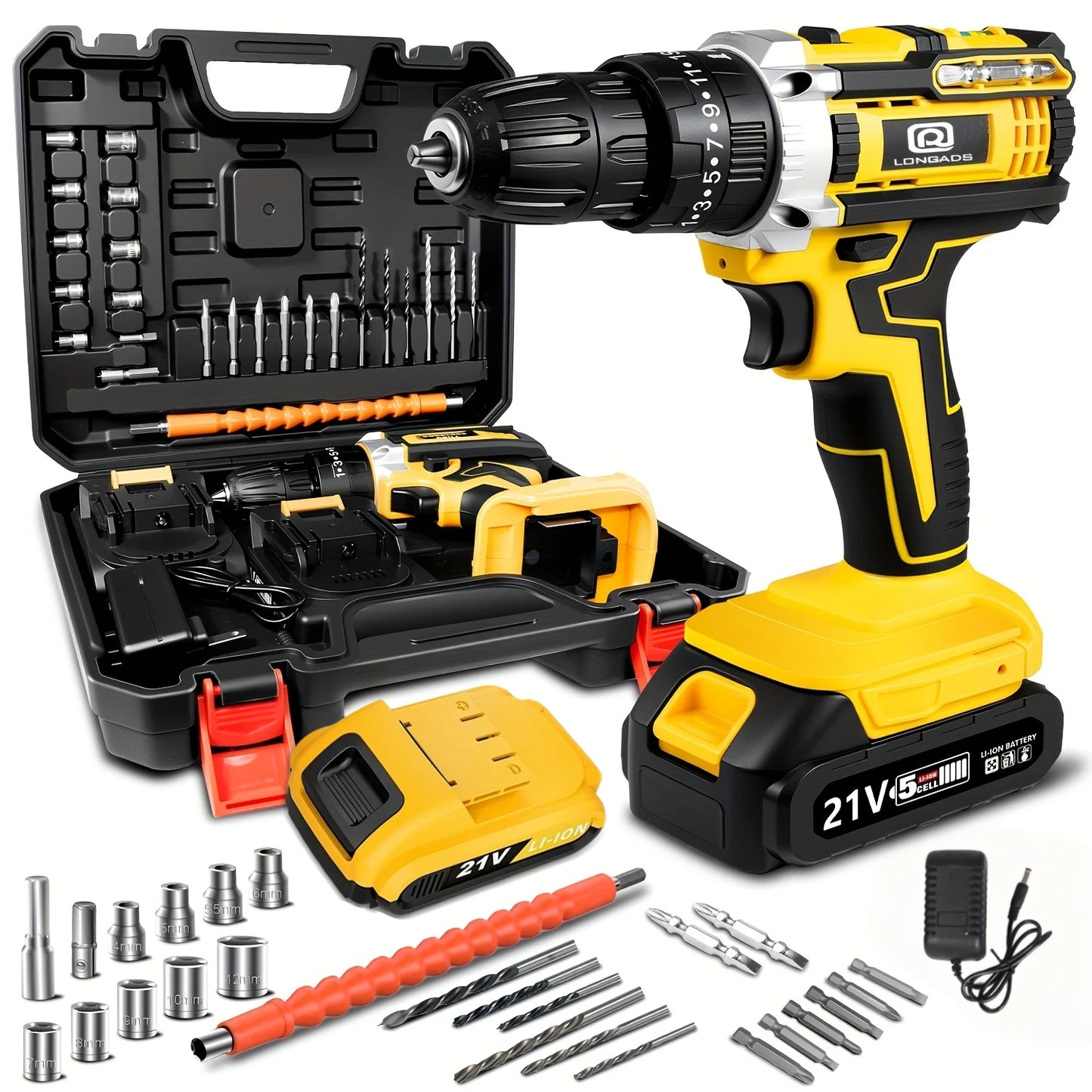 21V Cordless Drill/Driver Kit, 2 Speed, Keyless 3/8" Chase Drill with LED Light, Equipped 1 Or 2 Battery, Compact Design, 25+1Position, Kit for Home, Suitable Construction, Industry & Home Decoration, Men's Gift