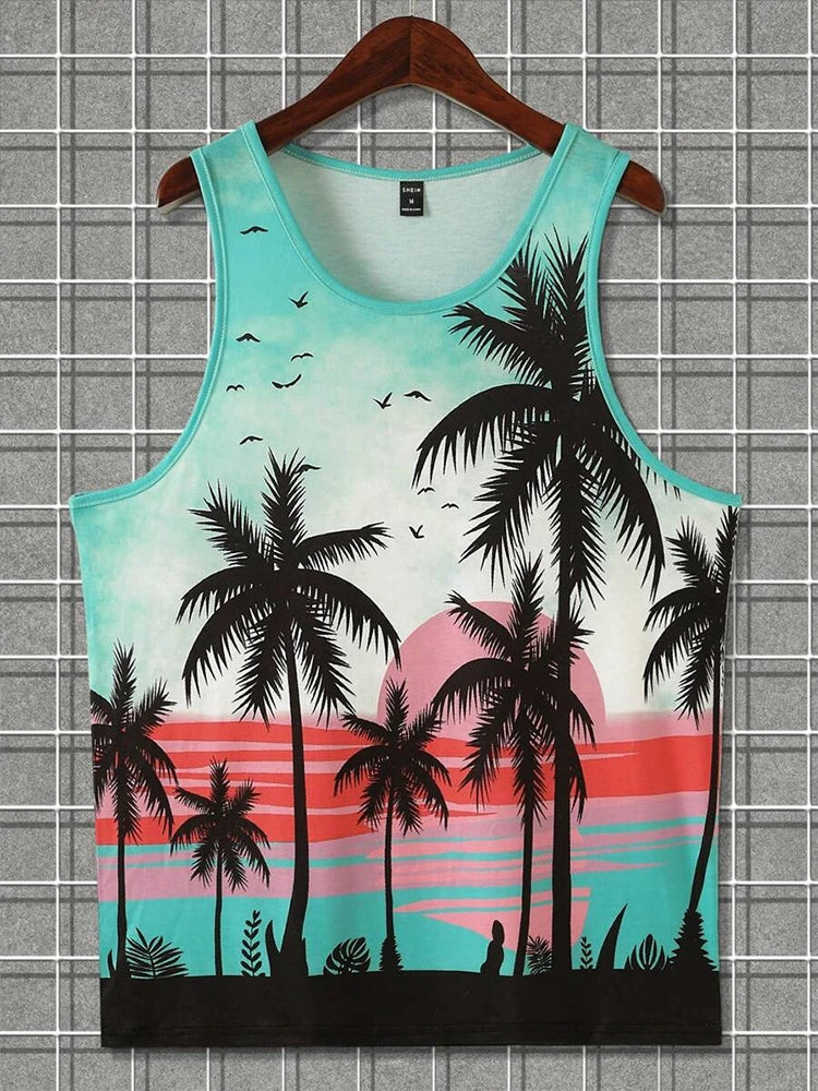 2024 New Summer Casual Men's Sleeveless T-shirt Hawaiian Style Men's Fashion Crew Neck Tank Top Outdoor Beach Men's Tank Top