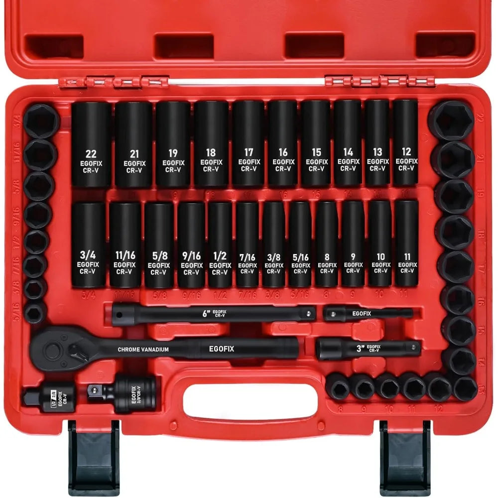 50-Piece 3/8" Impact Socket Set with SAE/Metric Sizes, Ratchet Handle, and Toolbox for Auto Repair