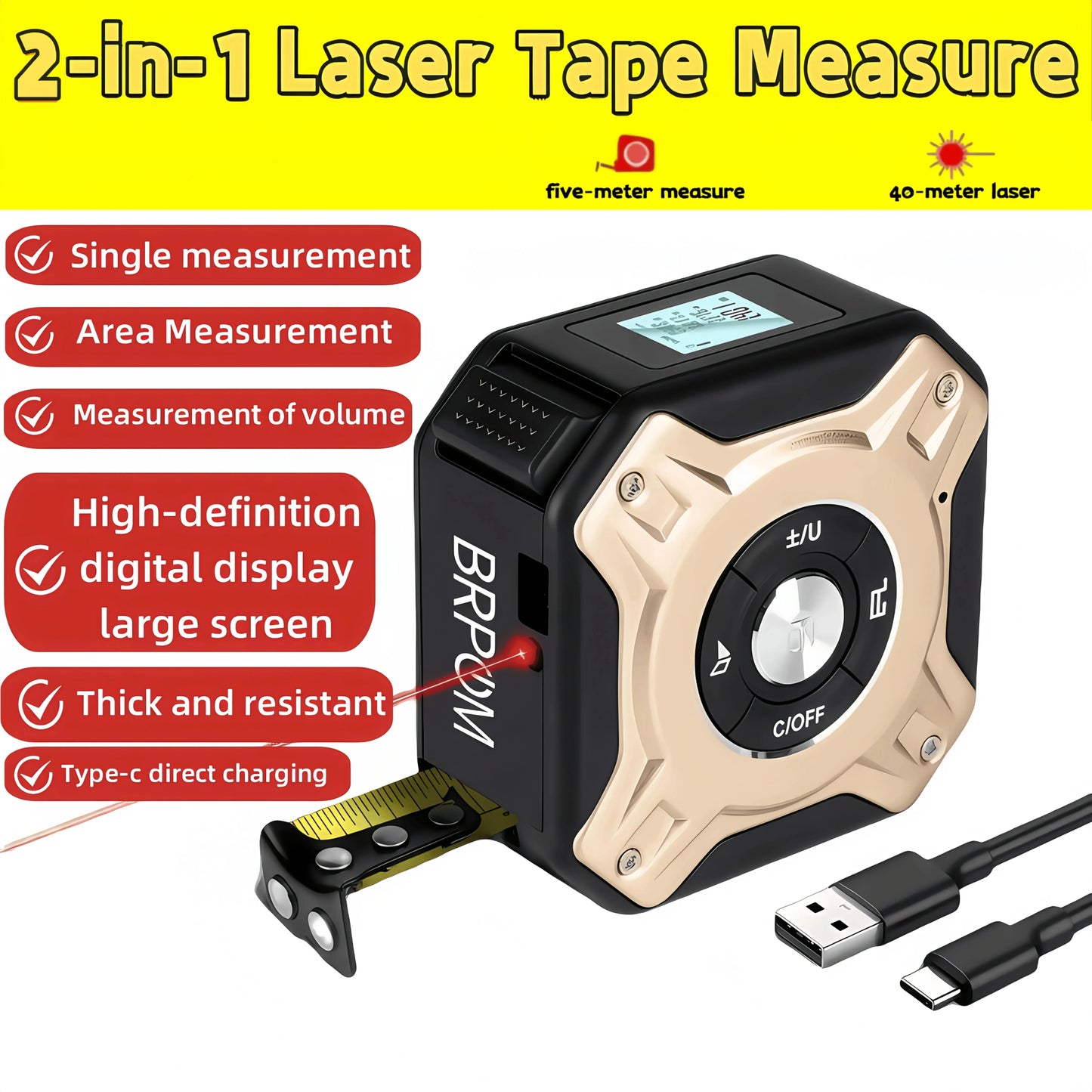50m Laser 5m Steel Tape Measure - Digital Display Durable Non-slip Accurate Measurement Hook Loop 1PC