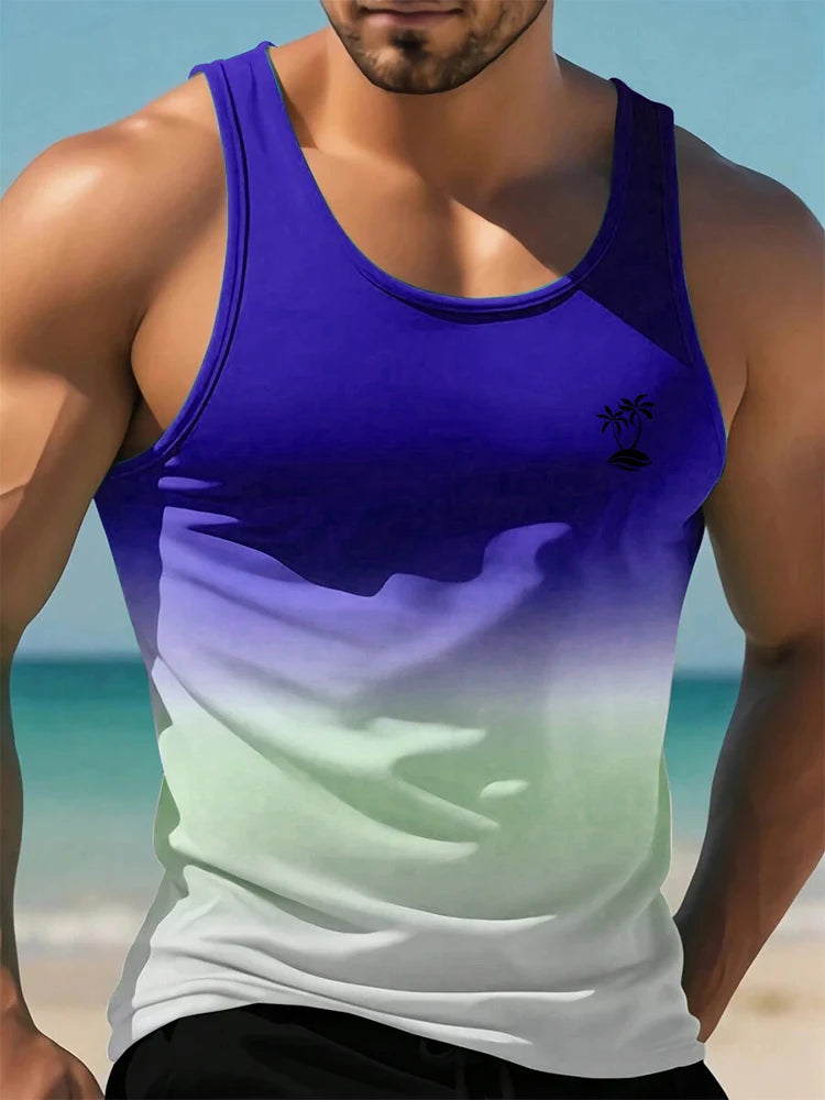 2024 New Summer Casual Men's Sleeveless T-shirt Hawaiian Style Men's Fashion Crew Neck Tank Top Outdoor Beach Men's Tank Top