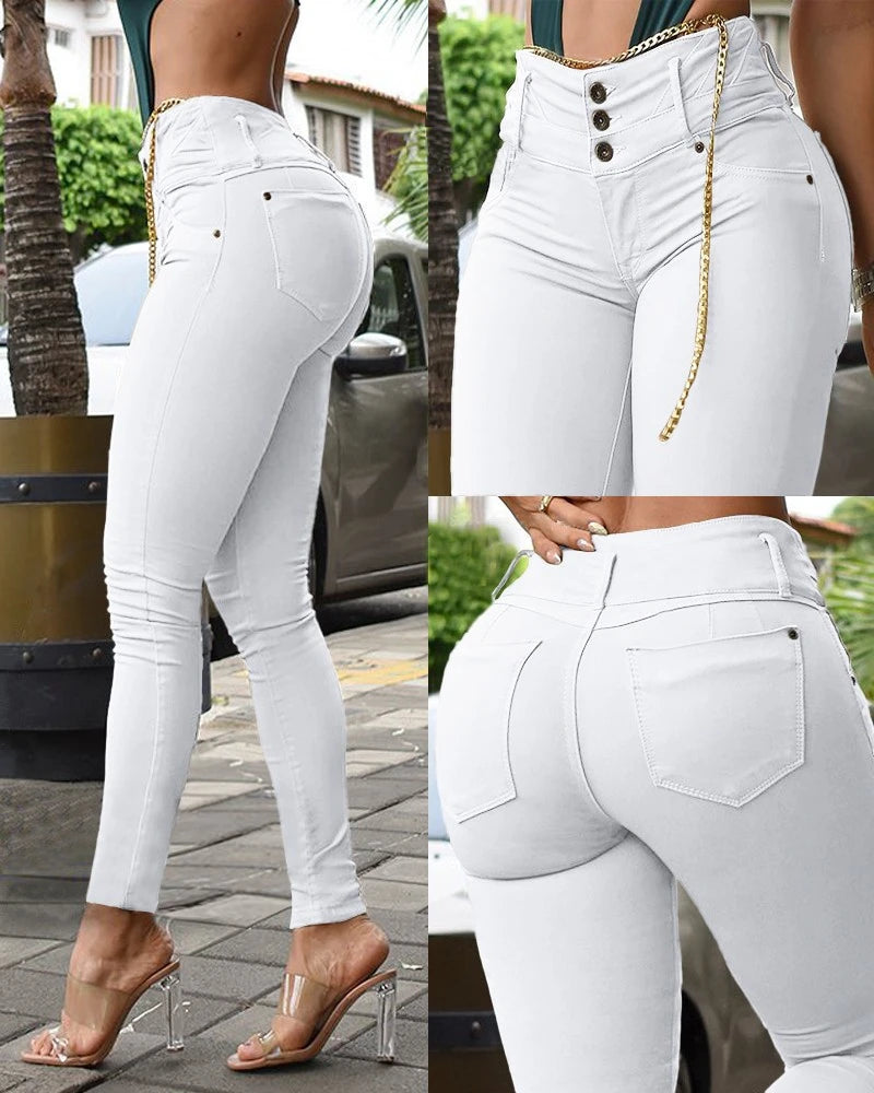 Autumn Women’s High Waist Pocket Design Skinny Pants Button Pocket Design Casual Bottoms