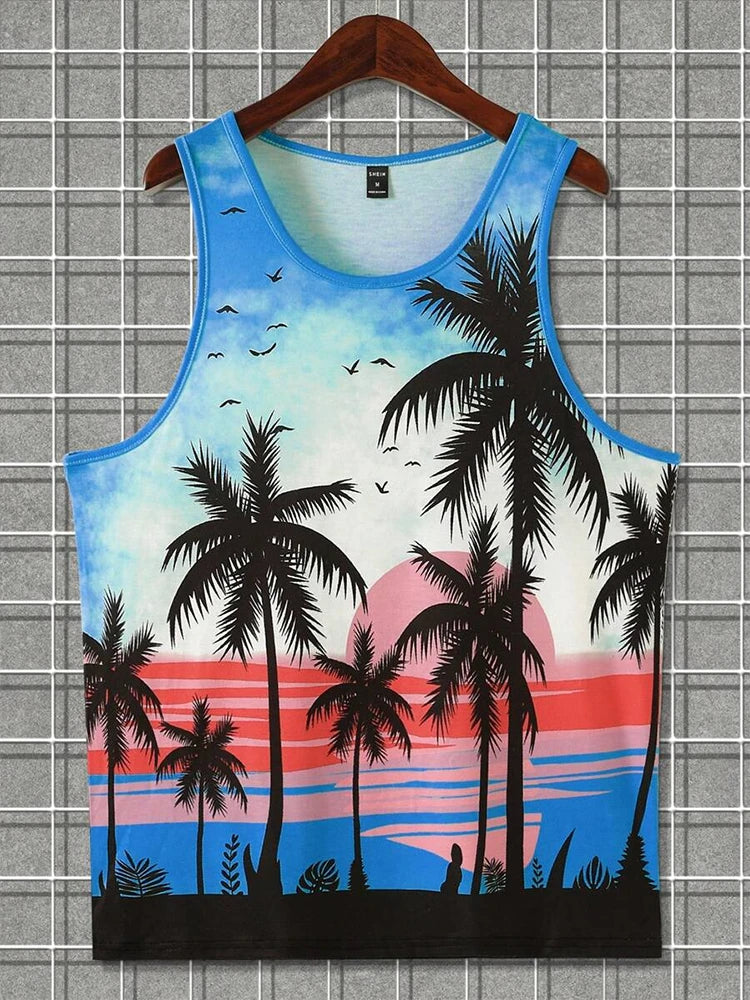 2024 New Summer Casual Men's Sleeveless T-shirt Hawaiian Style Men's Fashion Crew Neck Tank Top Outdoor Beach Men's Tank Top