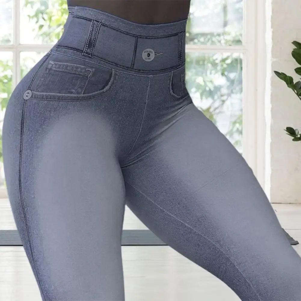 gh Waist Pockets Tummy Control Butt Lifting Fitness Leggings Gradient Color Push Up Imitation- Jeans Skinny Women Yoga Pants