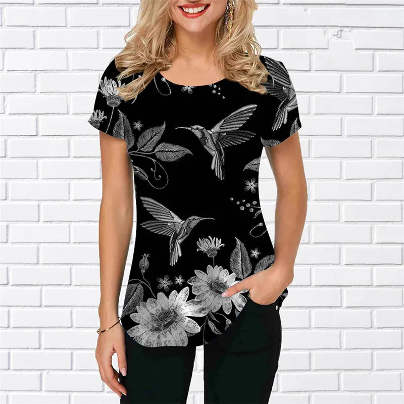 Women birdie Print Shirts Summer Short Sleeve