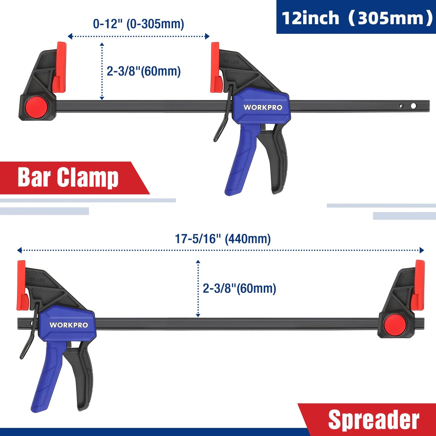 WORKPRO Bar Clamps for Woodworking One-Handed Clamp/Spreader, 6-Inch and 12-Inch