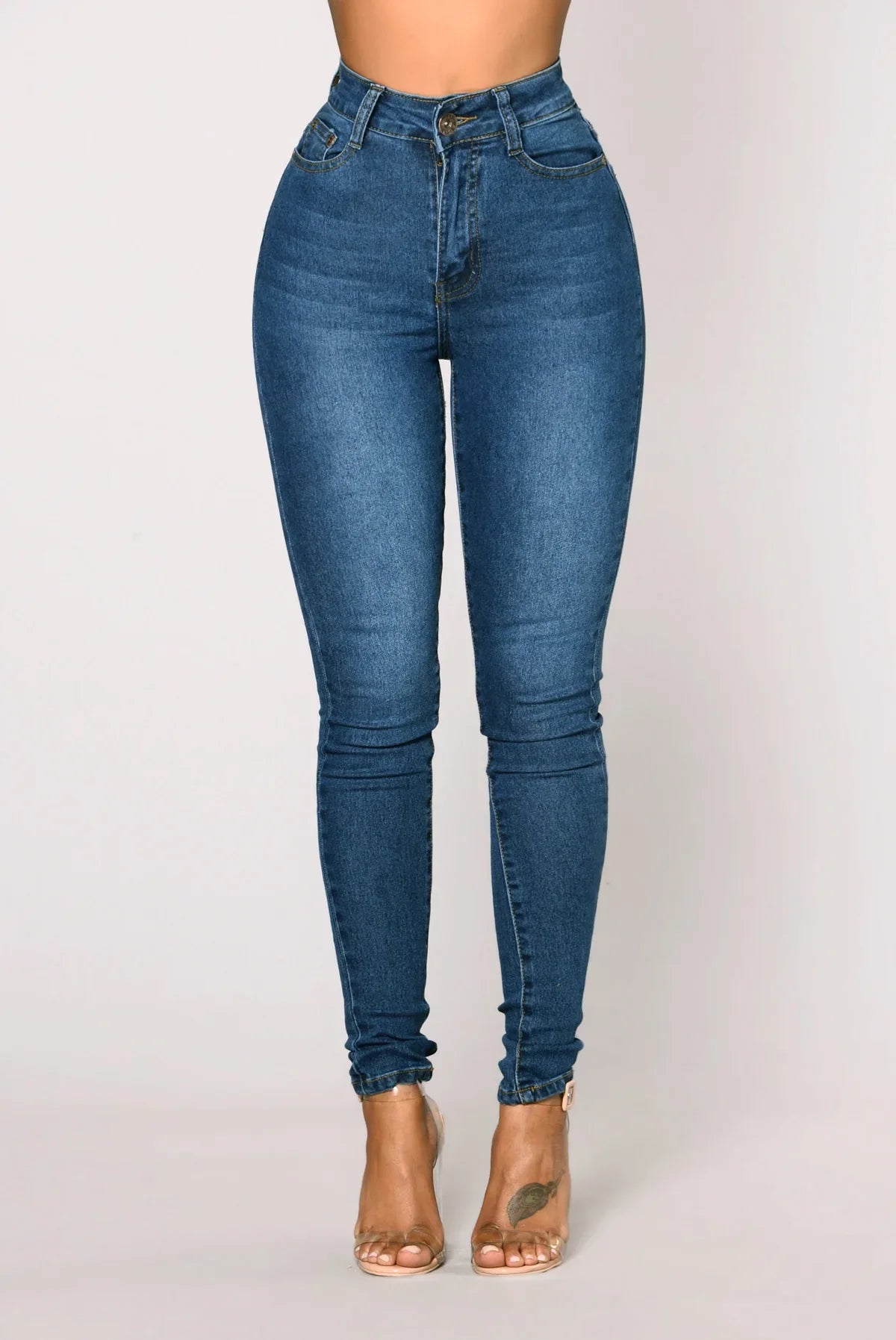 Women High Waist Stretch Hip Lift Denim Skinny Pants Jeans Full Length Sexy Slim Bleachded Solid Color Pants