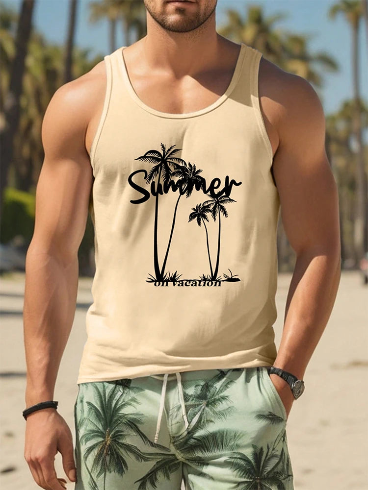 2024 New Summer Casual Men's Sleeveless T-shirt Hawaiian Style Men's Fashion Crew Neck Tank Top Outdoor Beach Men's Tank Top