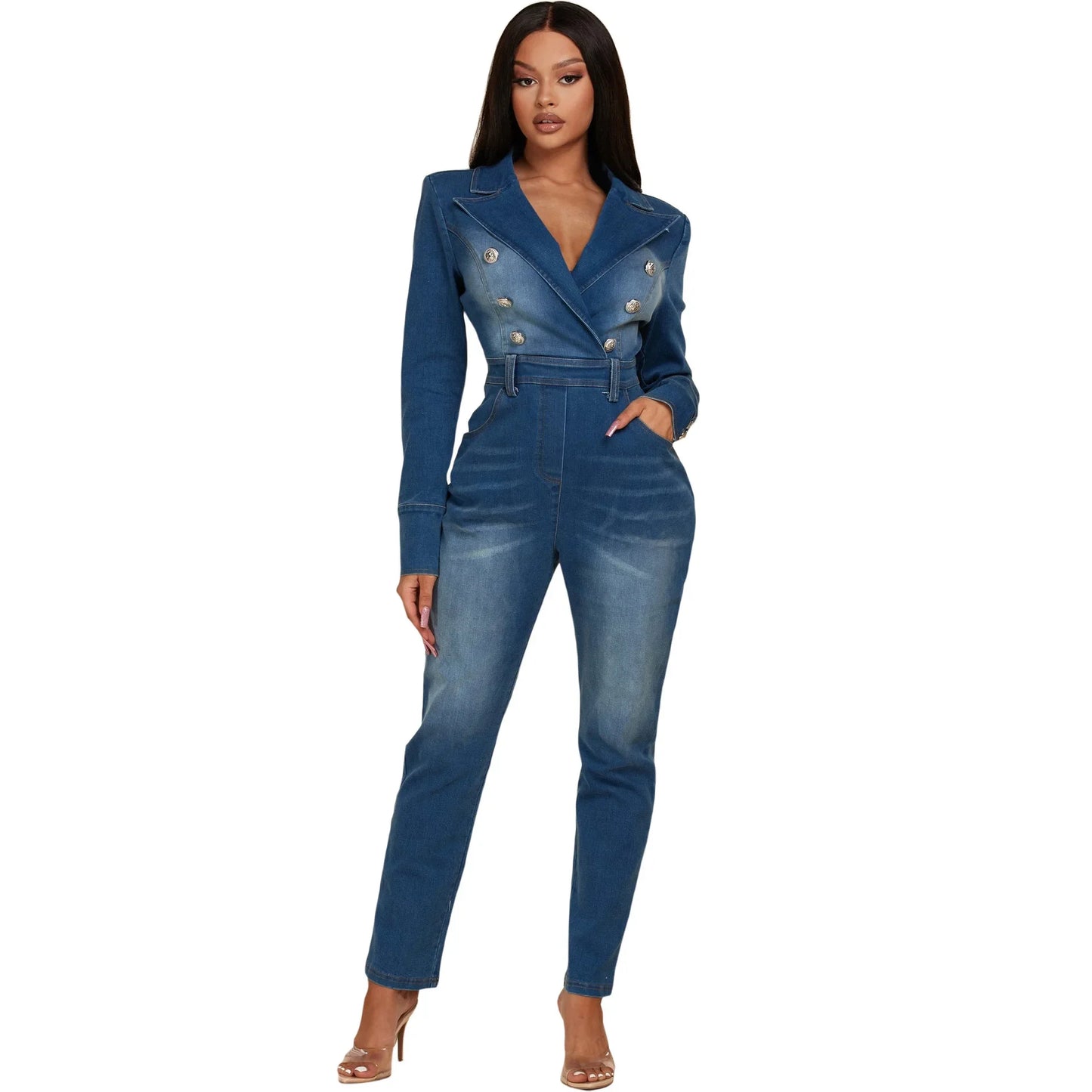 Denim Jumpsuit Women Overalls One Pieces Jean Double Breasted Turn Down Collar Vintage Elegant Streetwear Female Jumpsuits