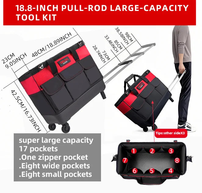 18-inch Pull-rod Tool Bag, Sturdy and Durable, Multi-pocket pull-rod bag,  Wheeled Hand-pushed Trolley