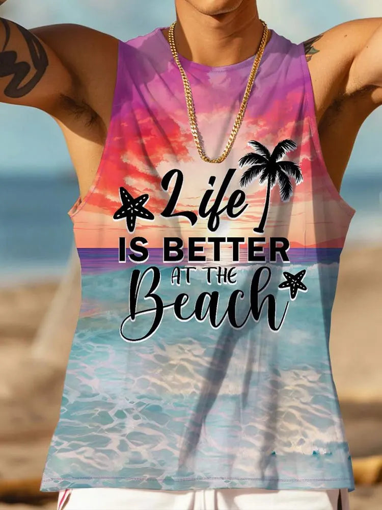 2024 New Summer Casual Men's Sleeveless T-shirt Hawaiian Style Men's Fashion Crew Neck Tank Top Outdoor Beach Men's Tank Top