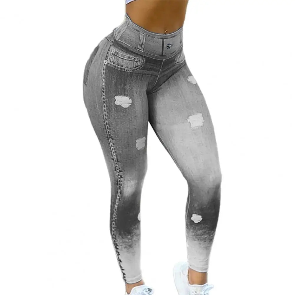 High Waist Tummy Control Butt Lifting Fitness Leggings Gradient Color Push Up Women's High-Stretch Denim Print Leggings Ultra