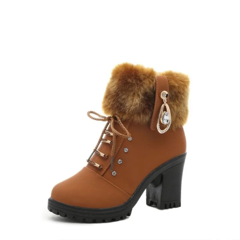 Casual Autumn Women's Ankle Boots Female High Heels Shoes Flock Fashion Zipper Chunky Heels Short Botas Elegant Ladies Footwear