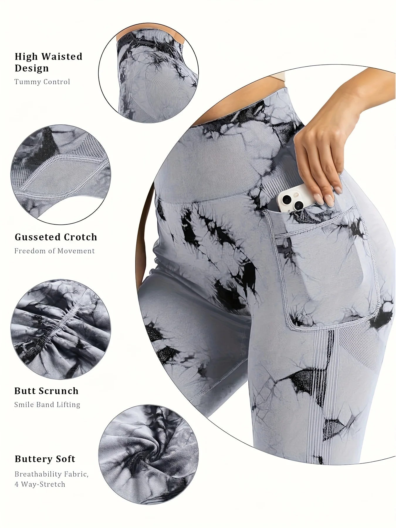 Tie Dye Seamless High Waisted Workout Leggings for Women Scrunch Butt Lifting Yoga Gym Athletic Pants With Pockets