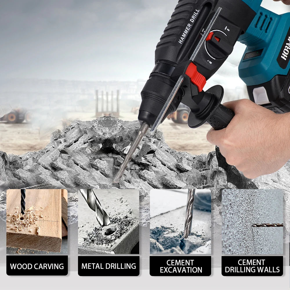 Brushless Electric Hammer Cordless Impact Drill Multi-function Rotary Hammer Concrete Electric Pick For Makita 18V Battery