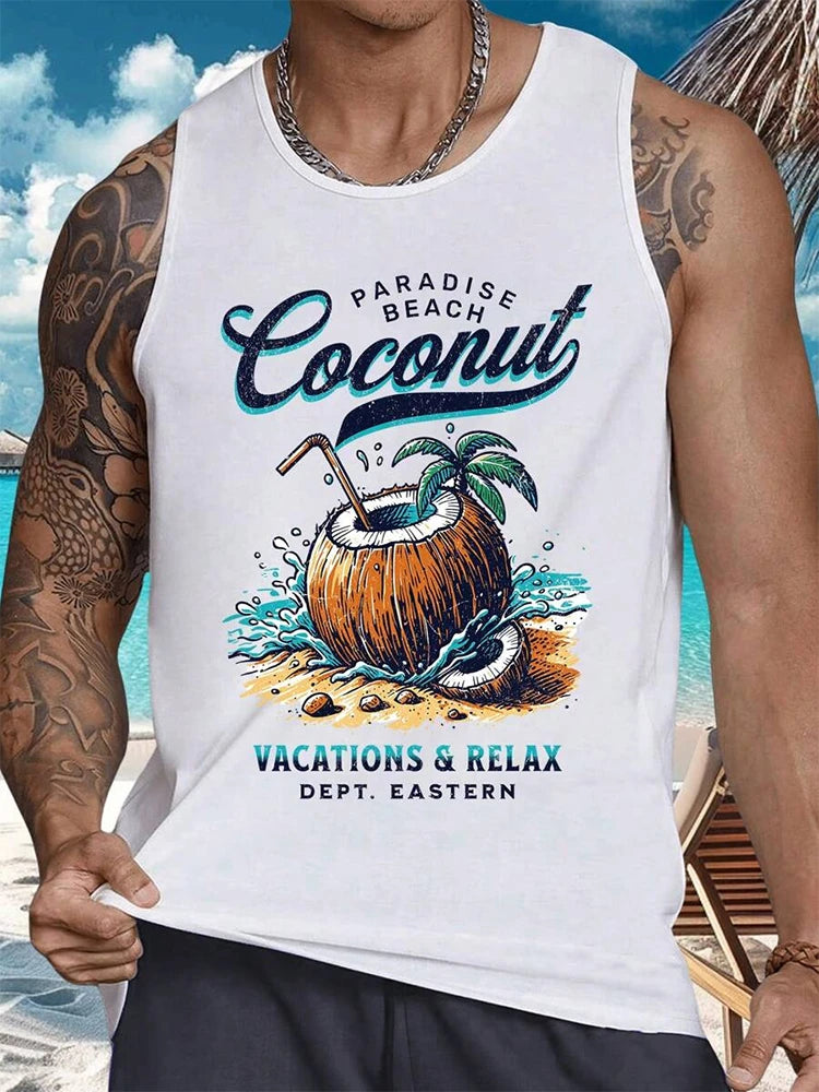 2024 New Summer Casual Men's Sleeveless T-shirt Hawaiian Style Men's Fashion Crew Neck Tank Top Outdoor Beach Men's Tank Top