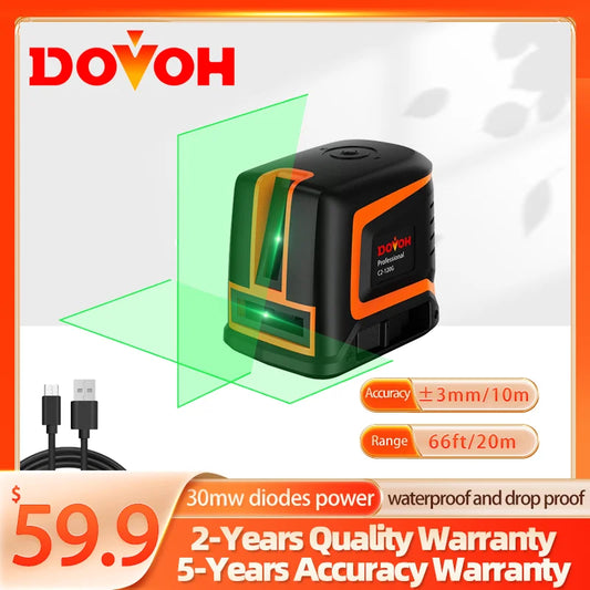 DOVOH C2-120G Rechargeable Cross Line Laser Level Self-Leveling High Precision 66ft Horizontal & Vertical Extension 150°