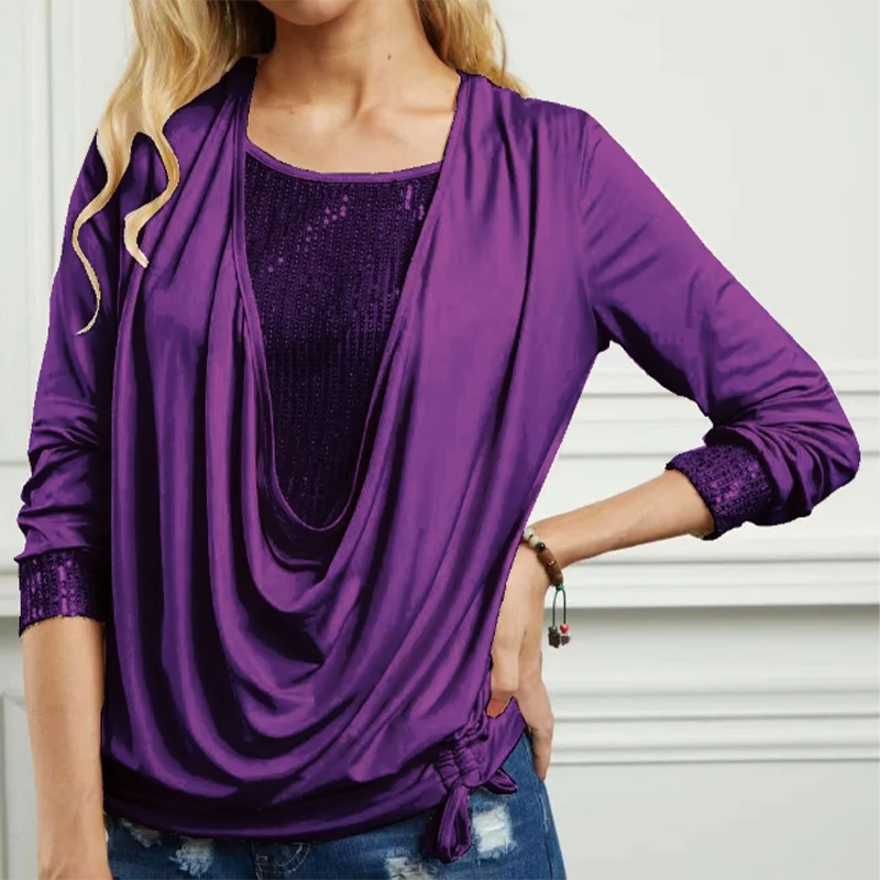 Sequin Blouse Women Luxurious Solid Color