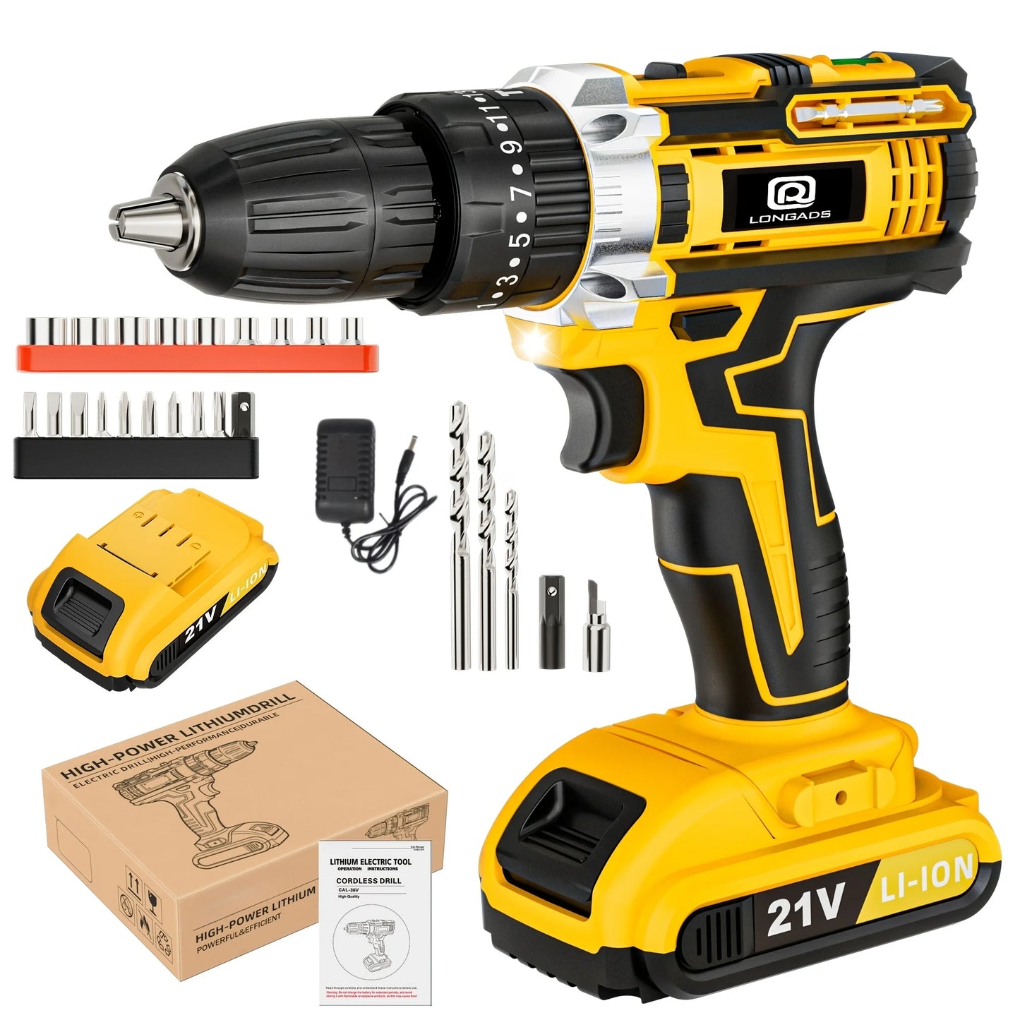 21V Cordless Drill/Driver Kit, 2 Speed, Keyless 3/8" Chase Drill with LED Light, Equipped 1 Or 2 Battery, Compact Design, 25+1Position, Kit for Home, Suitable Construction, Industry & Home Decoration, Men's Gift
