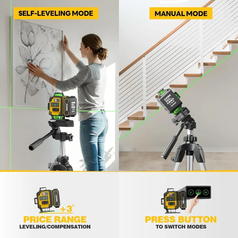 4D 360° Self-Leveling Green Laser Level with Tripod & Batteries