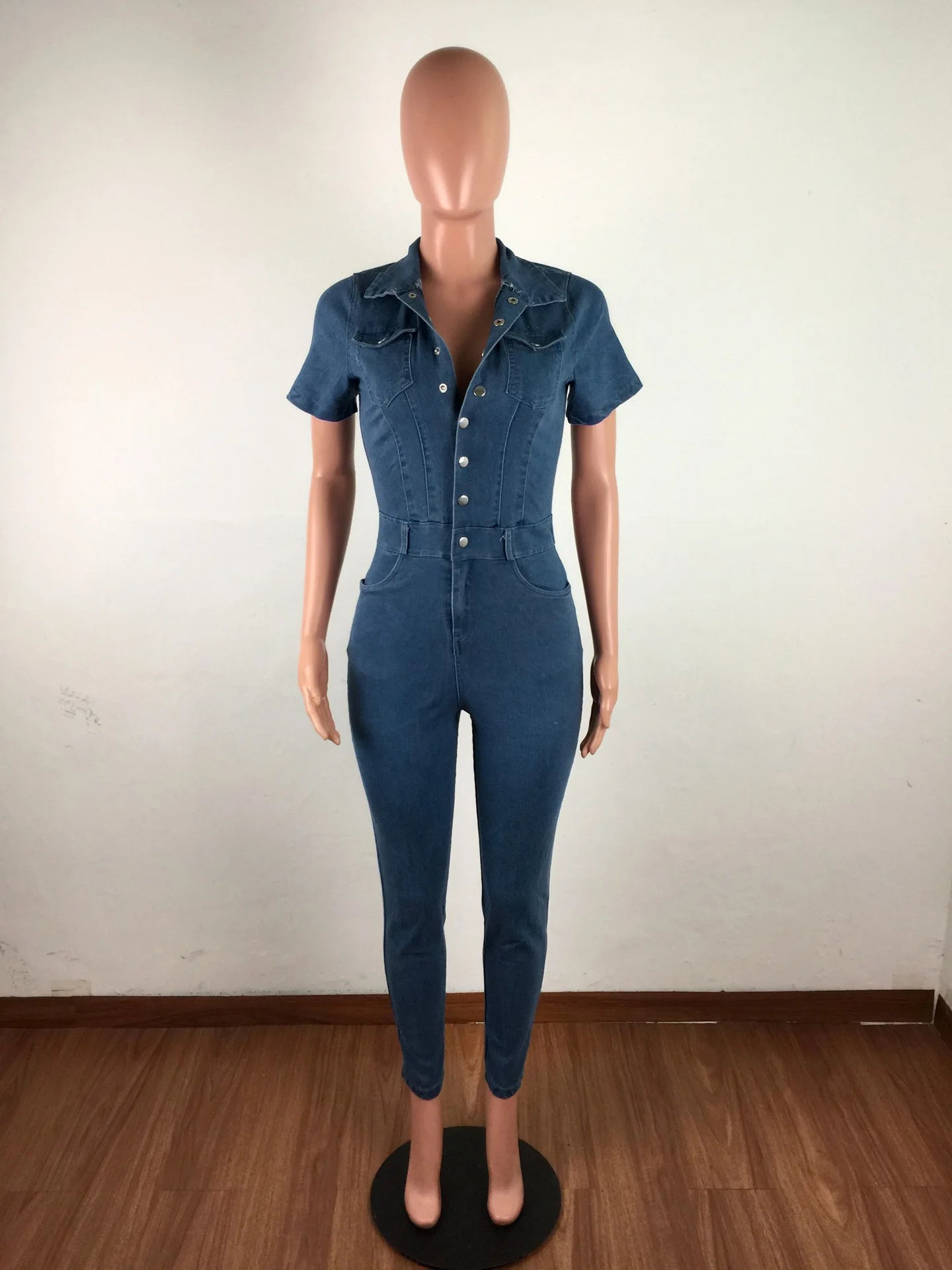 Jeans Stretch Jumpsuit Sexy Women Turn Down Collar Skinny Blue Denim Casual Overalls Rompers