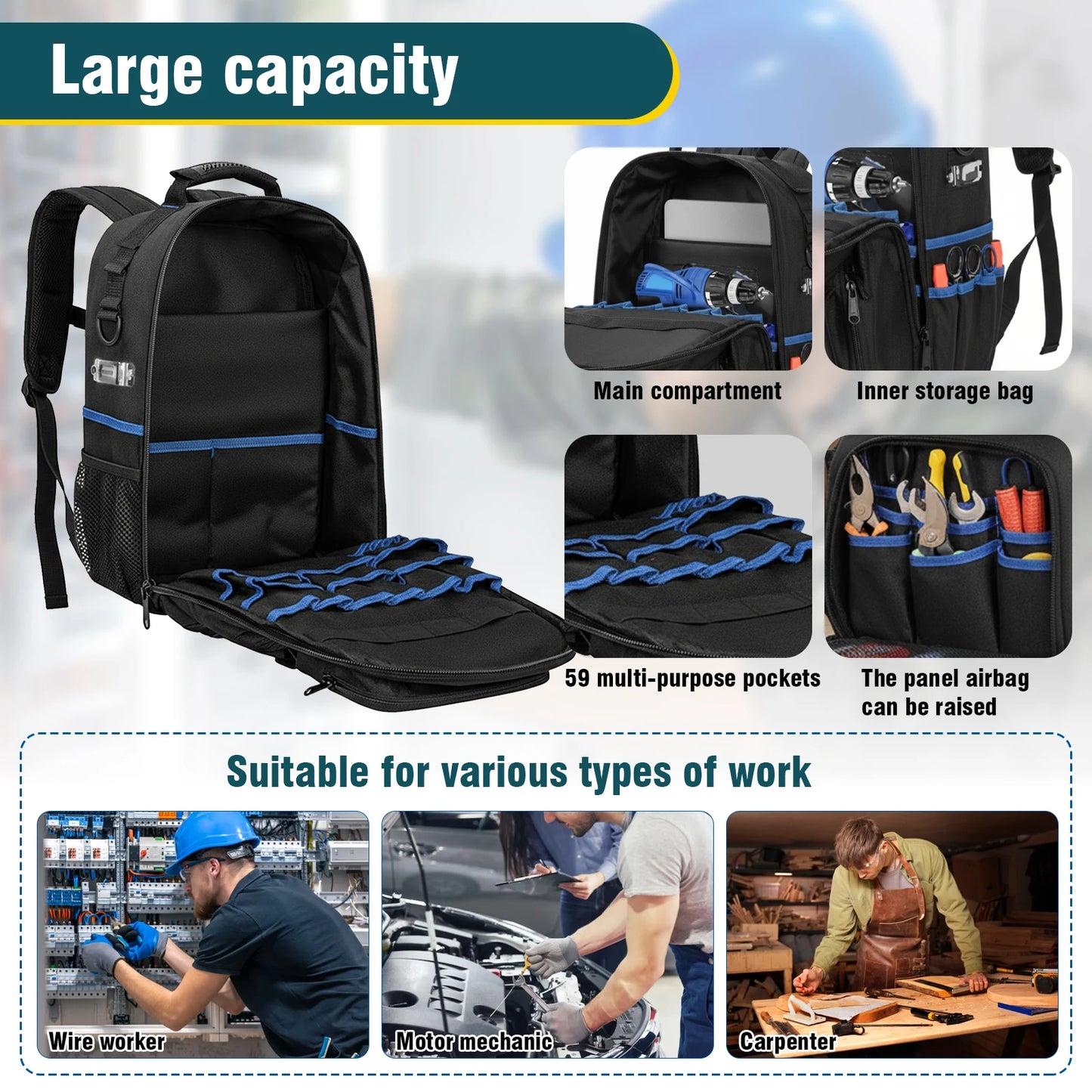 Heavy-Duty Electrician Backpack Multi-Compartment Tool Storage Organizer