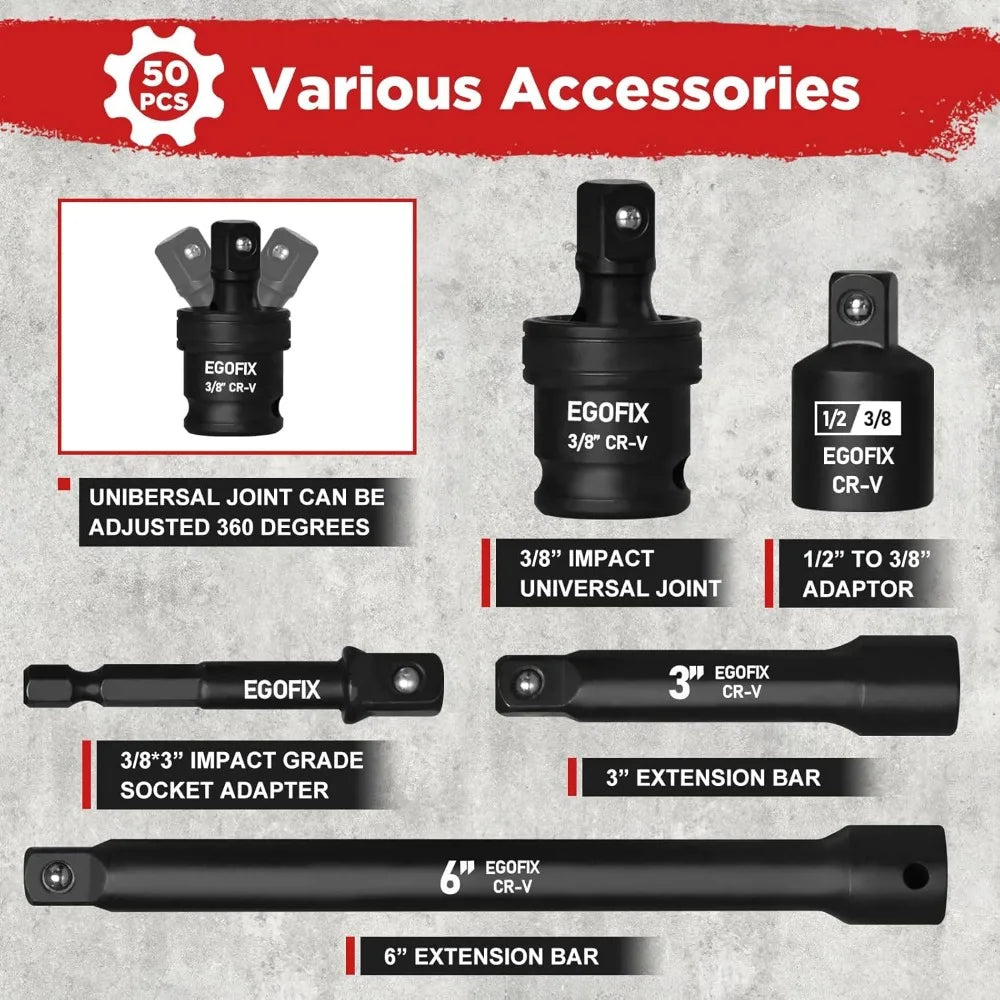 50-Piece 3/8" Impact Socket Set with SAE/Metric Sizes, Ratchet Handle, and Toolbox for Auto Repair