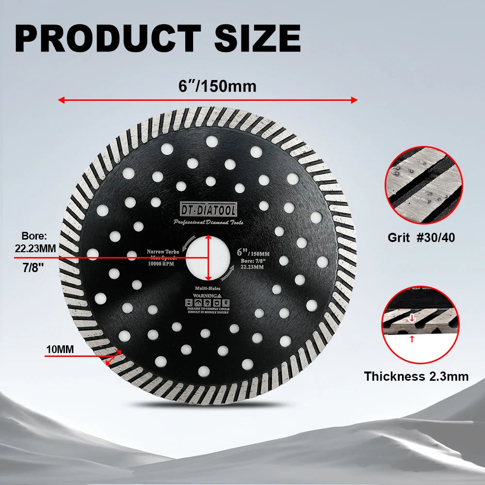 DT-DIATOOL Diamond Saw Blade 150mm for Granite Marble Block Diamond Cutting Disc with Turbo Cutter Heads and Multiple Holes