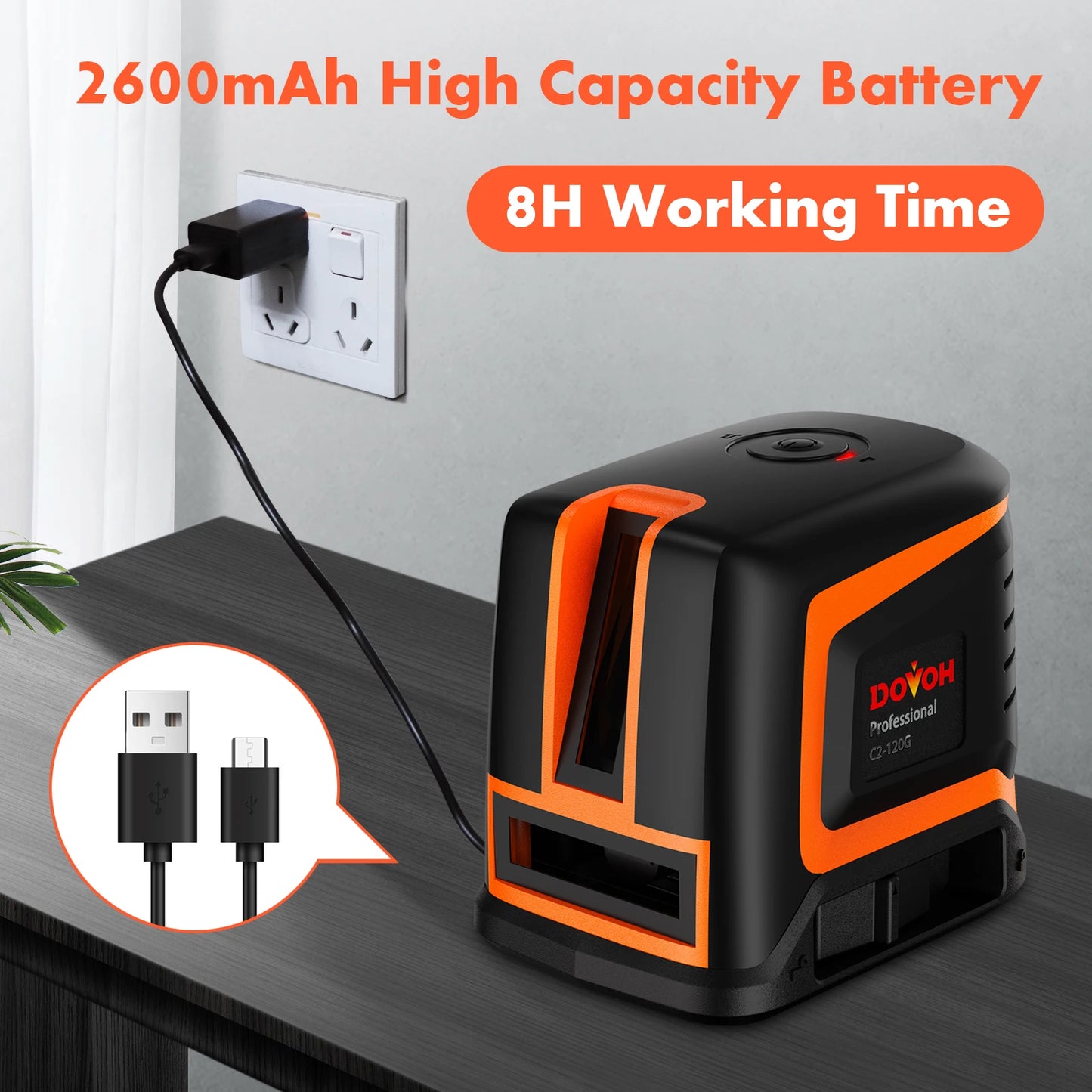 DOVOH C2-120G Rechargeable Cross Line Laser Level Self-Leveling High Precision 66ft Horizontal & Vertical Extension 150°