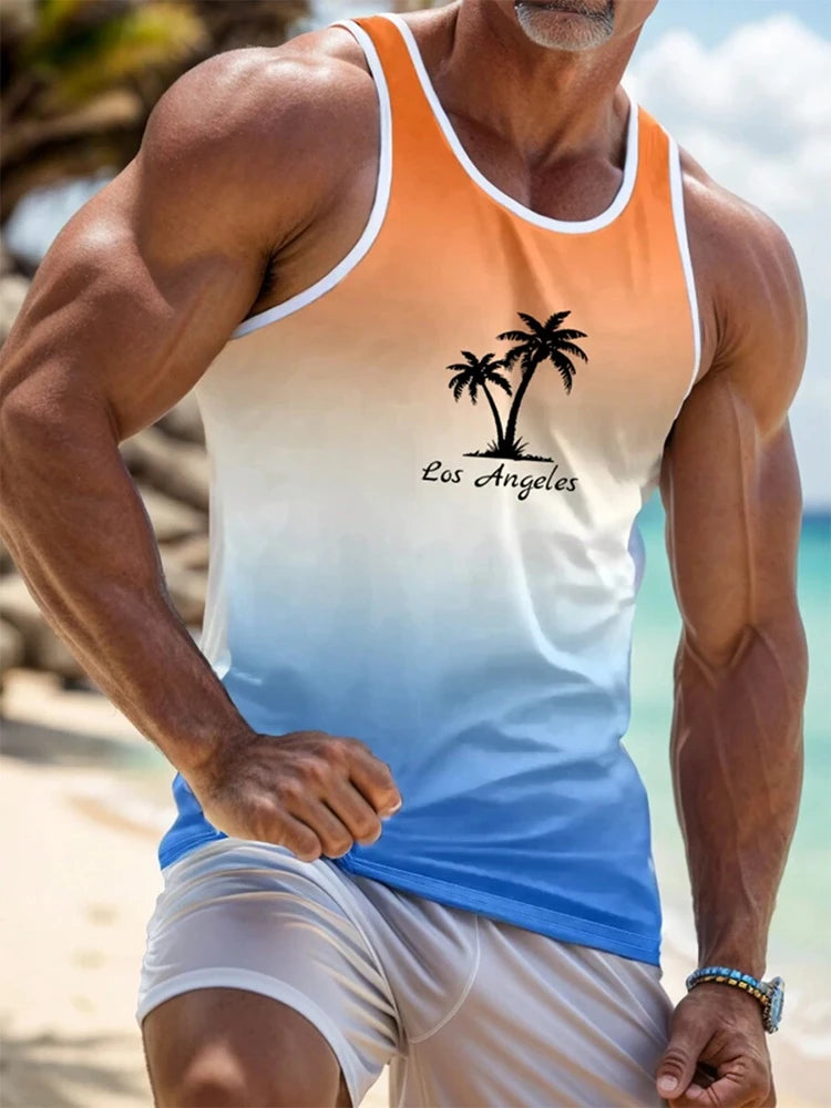 2024 New Summer Casual Men's Sleeveless T-shirt Hawaiian Style Men's Fashion Crew Neck Tank Top Outdoor Beach Men's Tank Top